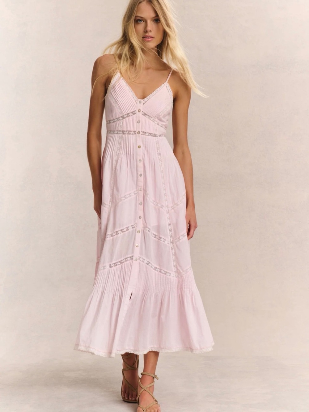 LoveShackFancy Pale Pink Lace-Trim Spaghetti Strap Maxi Dress